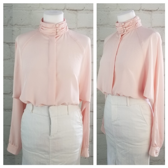 Vintage Braemar by Jeremy Scott Sz 9 Pastel Pink Dolman Sleeve High Neck Blouse - Picture 3 of 7